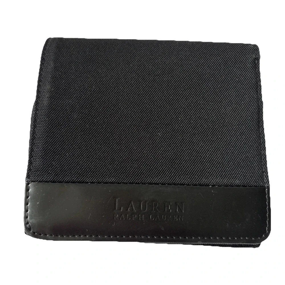 Lauren Ralph Lauren Bifold‎ Wallet Black Canvas Gloss Faux Leather 6 Pocket
